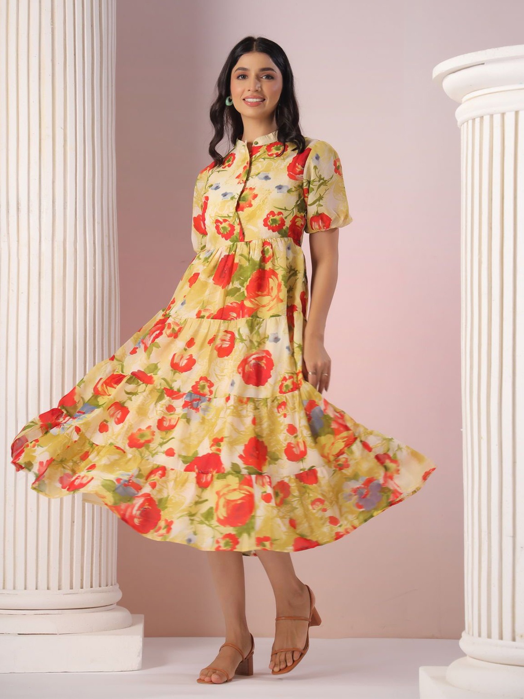 

Polago Clothing Floral Printed Georgette Puff Sleeves Fit and Flare Midi Dress, Yellow