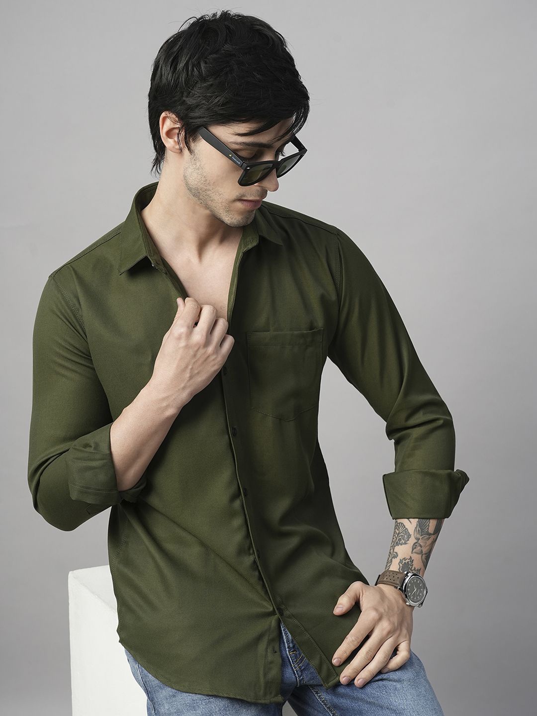 

TRYBUY.IN Men Standard Spread Collar Solid Cotton Casual Shirt, Green