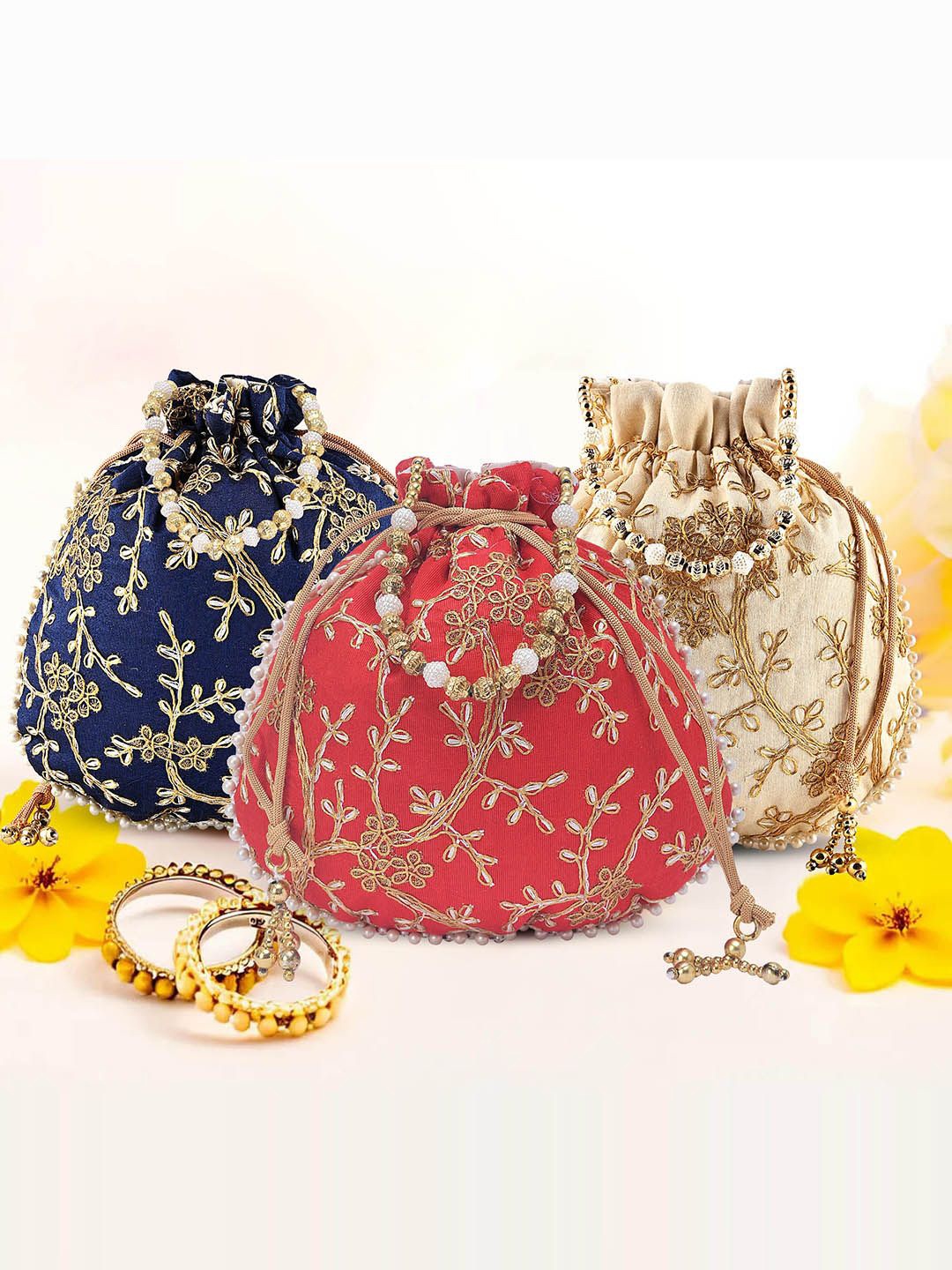 

Kuber Industries Set of 3 Embroidered Potli Bags, Blue