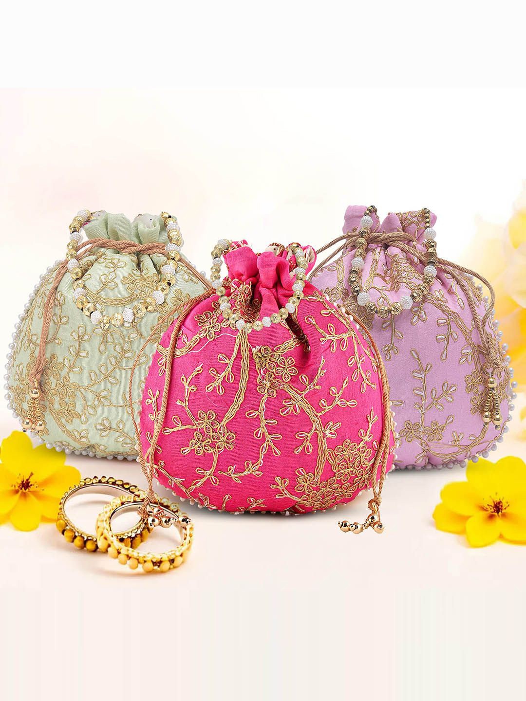 

Kuber Industries Set Of 3 Embroidered Potli Clutches, Pink