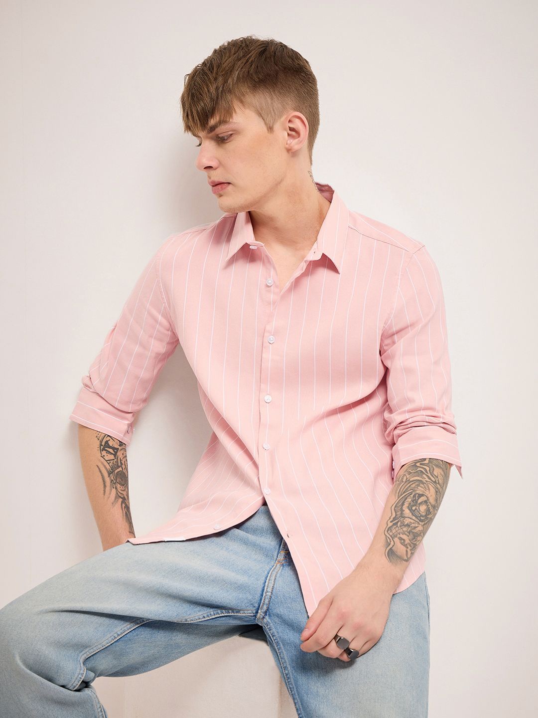 

THE BEAR HOUSE Men Slim Fit Striped Casual Shirt, Pink