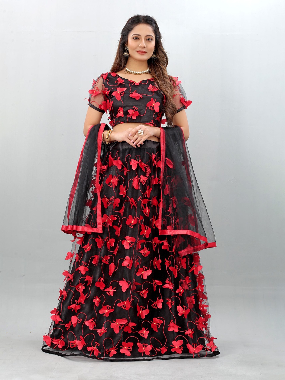 

JULEE Embroidered Patchwork Semi-Stitched Net Lehenga & Unstitched Blouse With Dupatta, Black