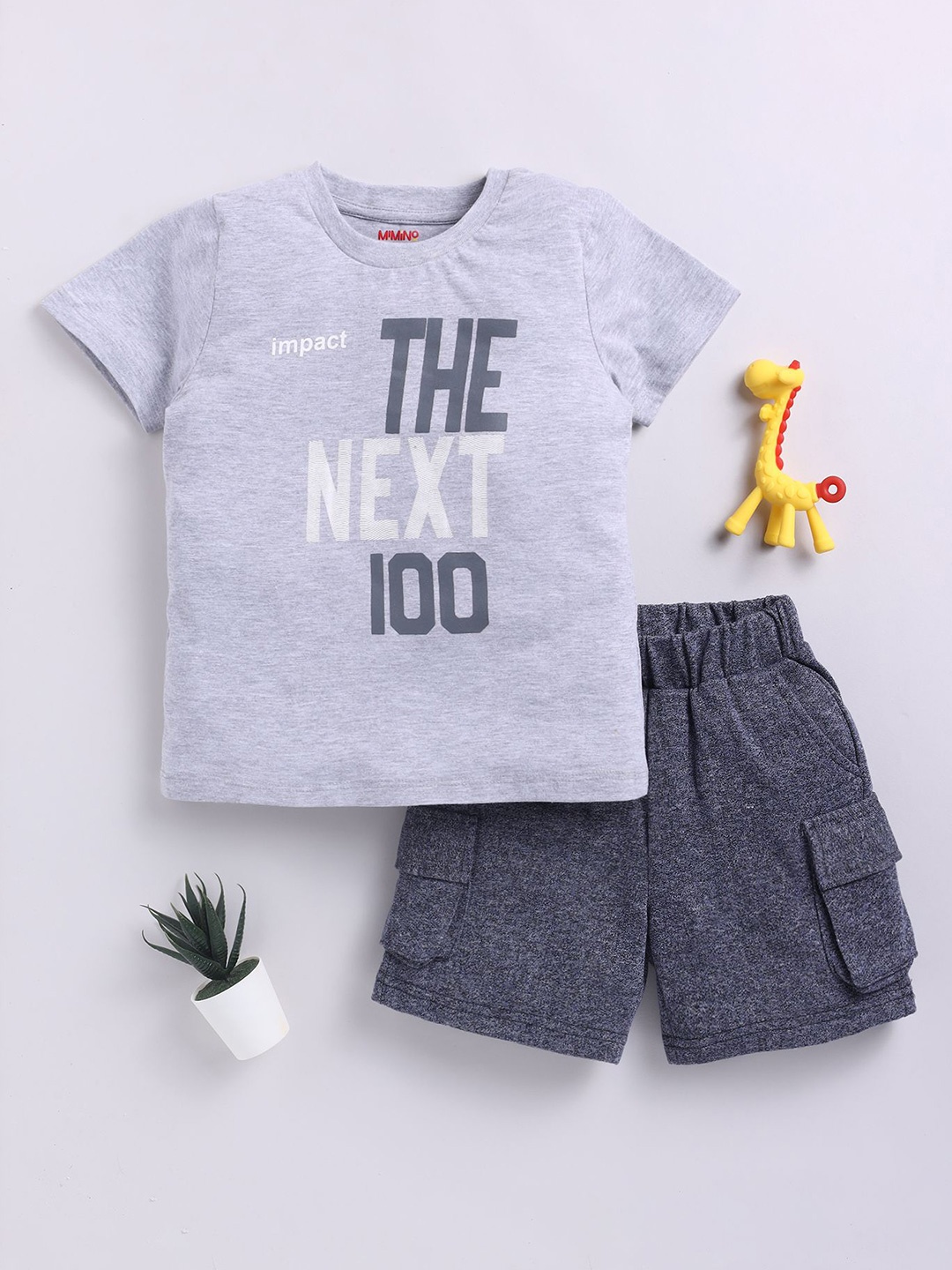 

MIMINO Girls Printed Pure Cotton T-shirt With Shorts, Grey