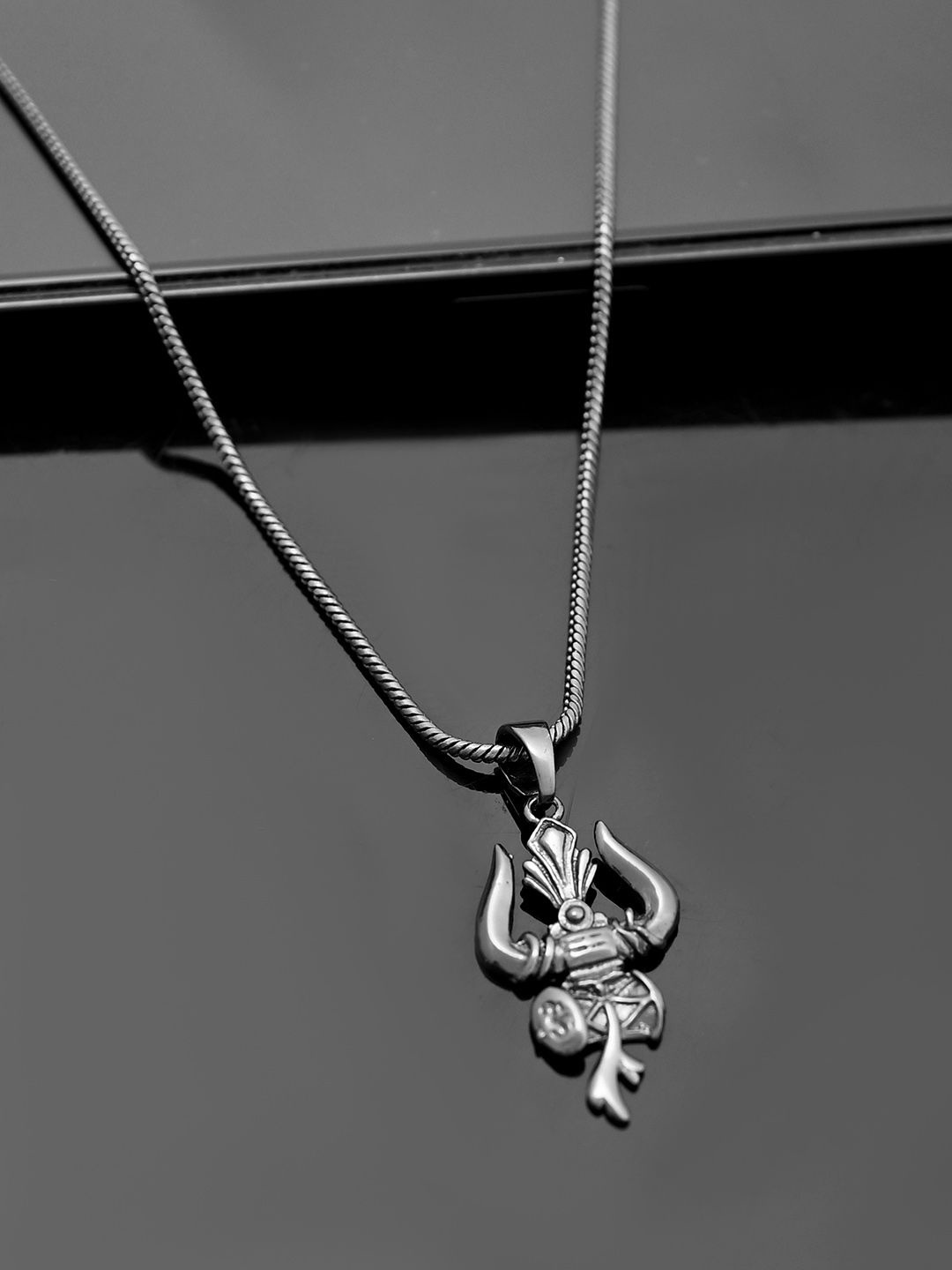 

Voylla Men Rhodium-Plated Eclipse Trishul Pendant With Chain, Silver
