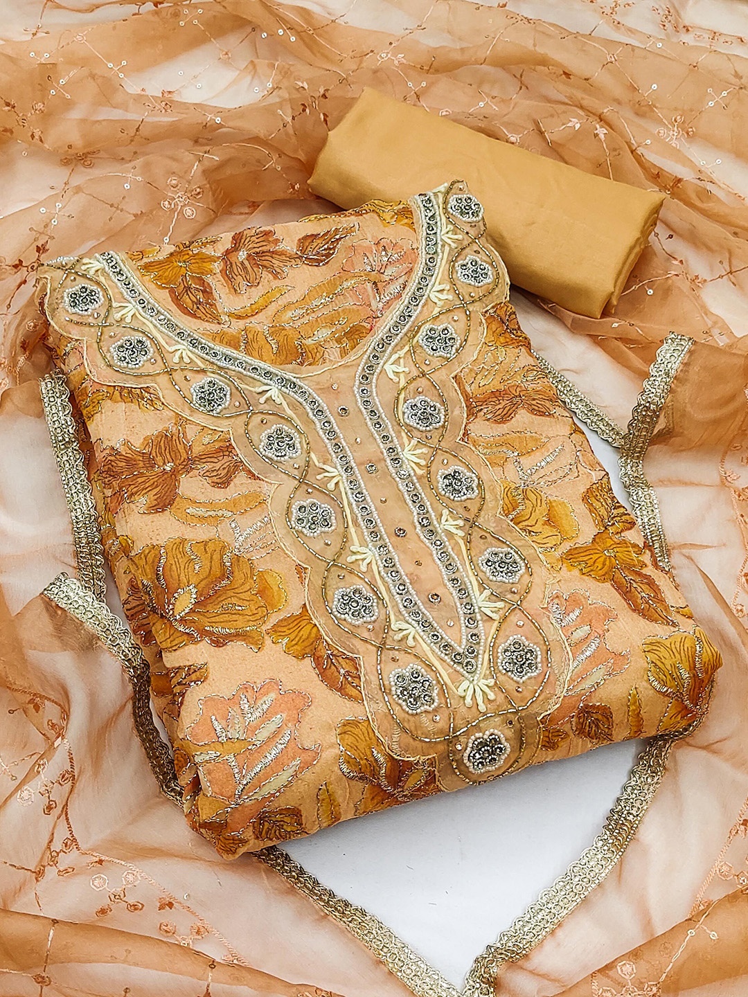 

Ishin Beads and Stones Embroidered Organza Unstitched Dress Material, Mustard