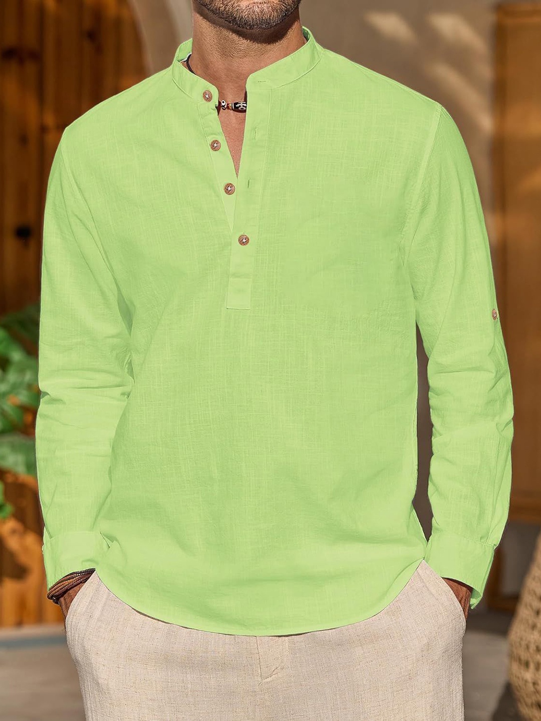 

Vida Loca Mandarin Collar Roll-Up Sleeves Cotton Short Straight Kurta, Lime green