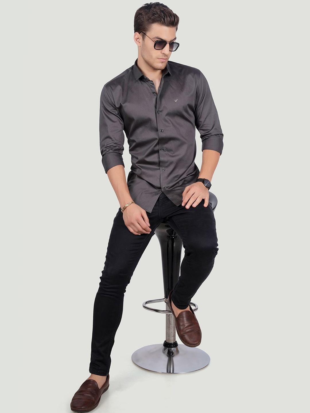 

ALMATY Men Comfort Spread Collar Solid Cotton Slim Fit Party Shirt, Grey