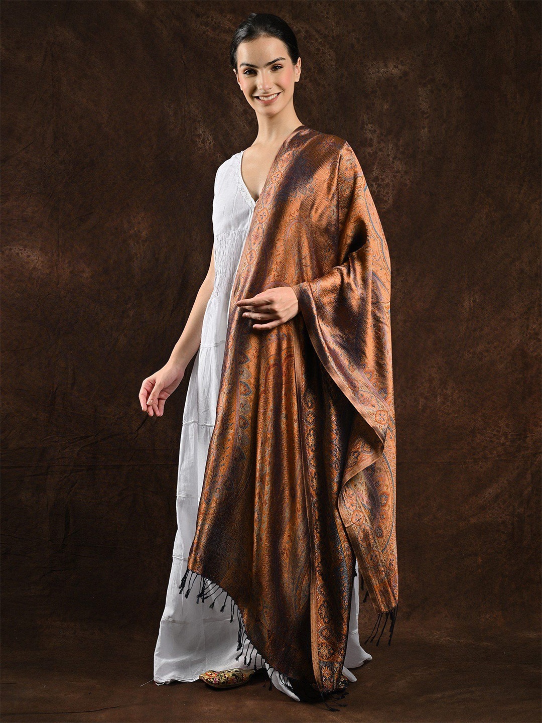

Exotic India Women Woven Design Stole, Gold