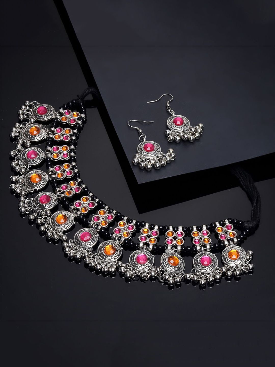 

Krelin Silver-Plated Artificial Stones Studded & Beaded Necklace & Earrings