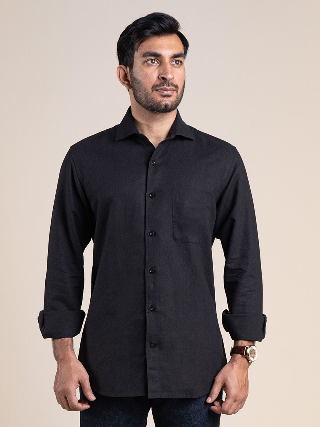 

Monks of Method Men Comfort Spread Collar Solid Casual Shirt, Black