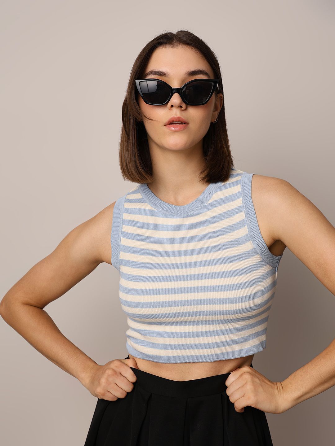 

ONLY Women Horizontal Striped Round Neck Top, Blue