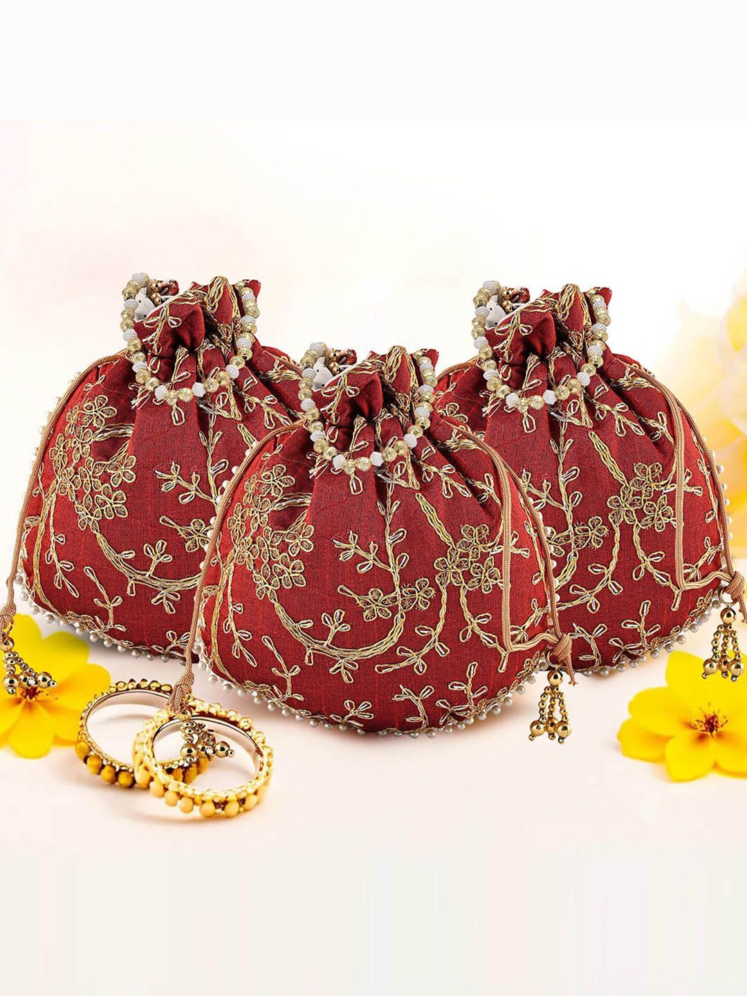 

Kuber Industries Set Of 3 Embroidered Potli Bag, Maroon