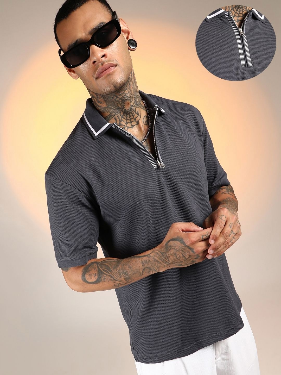 

Campus Sutra Men Solid Polo Collar Cotton T-shirt, Grey