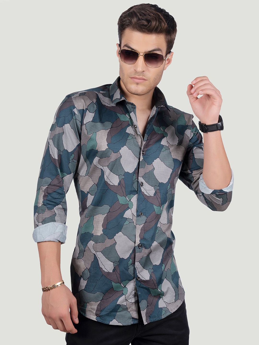 

ALMATY Men Comfort Spread Collar Abstract Printed Cotton Slim Fit Party Shirt, Blue