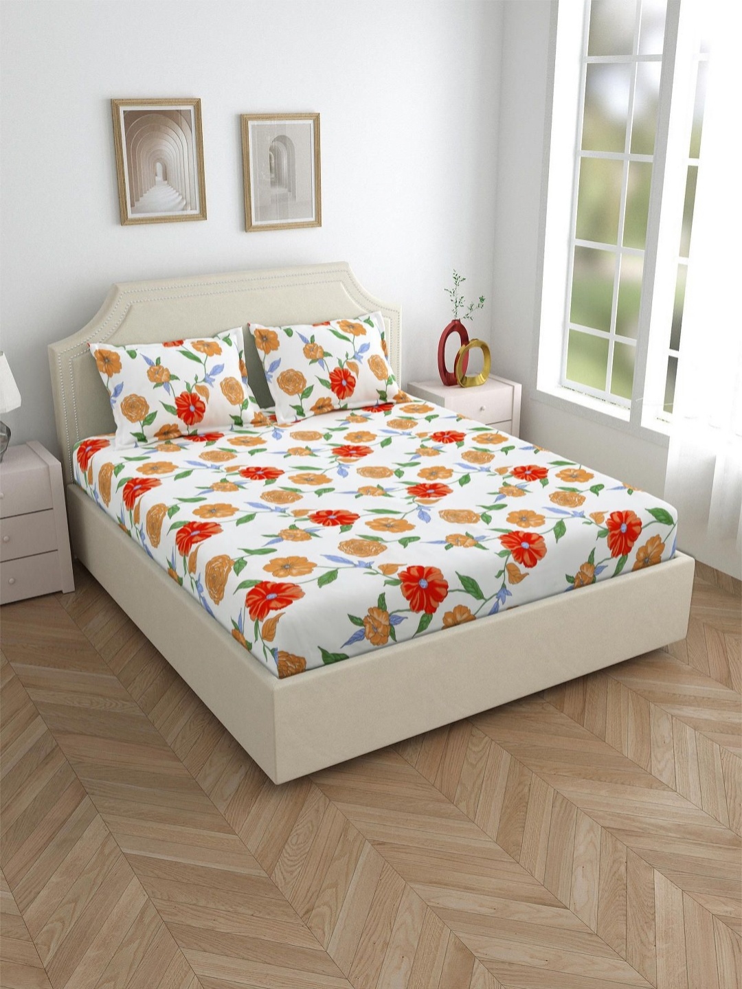 

Salona Bichona White Floral Printed 140 TC Pure Cotton Queen Bedsheet With 2 Pillow Covers