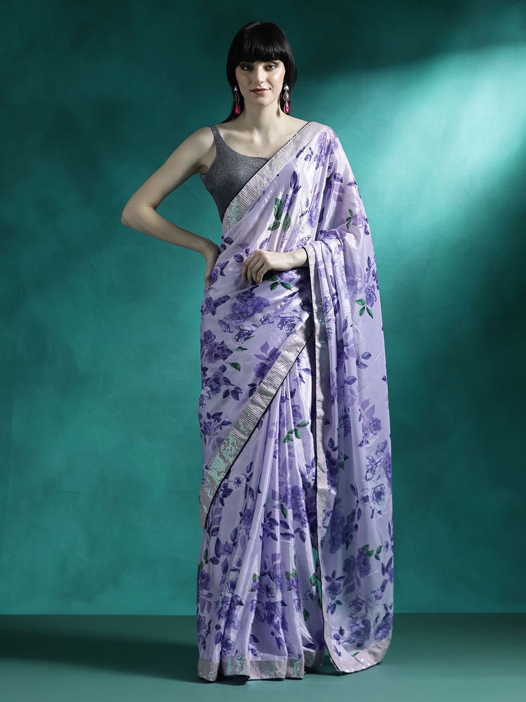 

Sangria Floral Printed Saree With Blouse Piece, Lavender