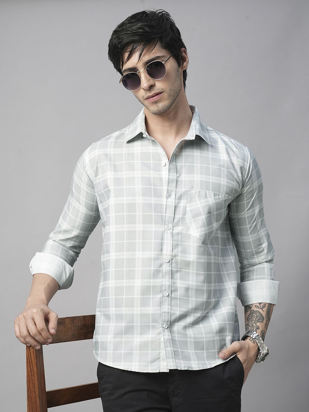 

TRYBUY.IN Men Standard Spread Collar Buffalo Checked Cotton Casual Shirt, Grey