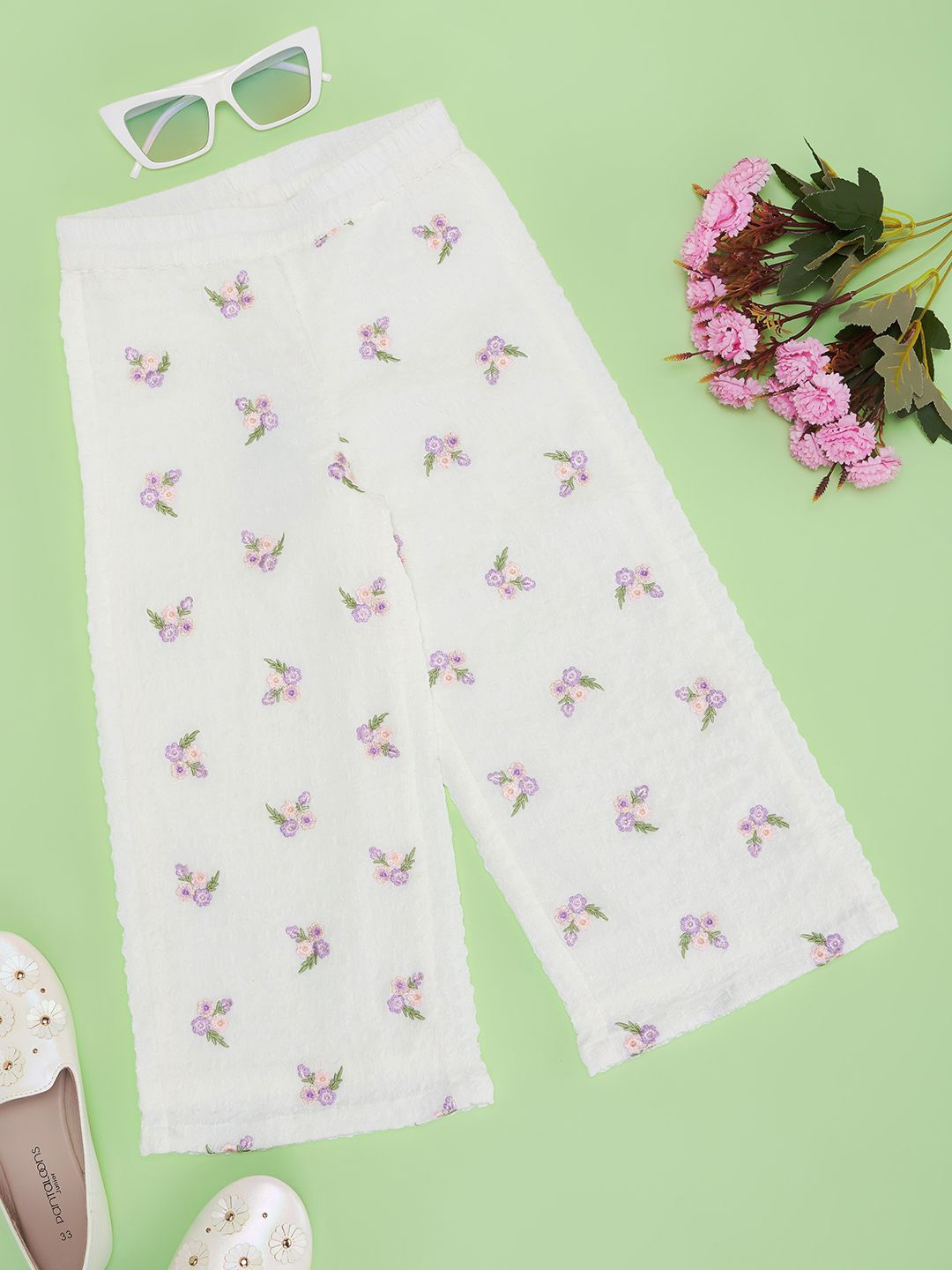

Pantaloons Junior Girls Floral Embroidered Straight Fit Slip-On Trousers, Off white