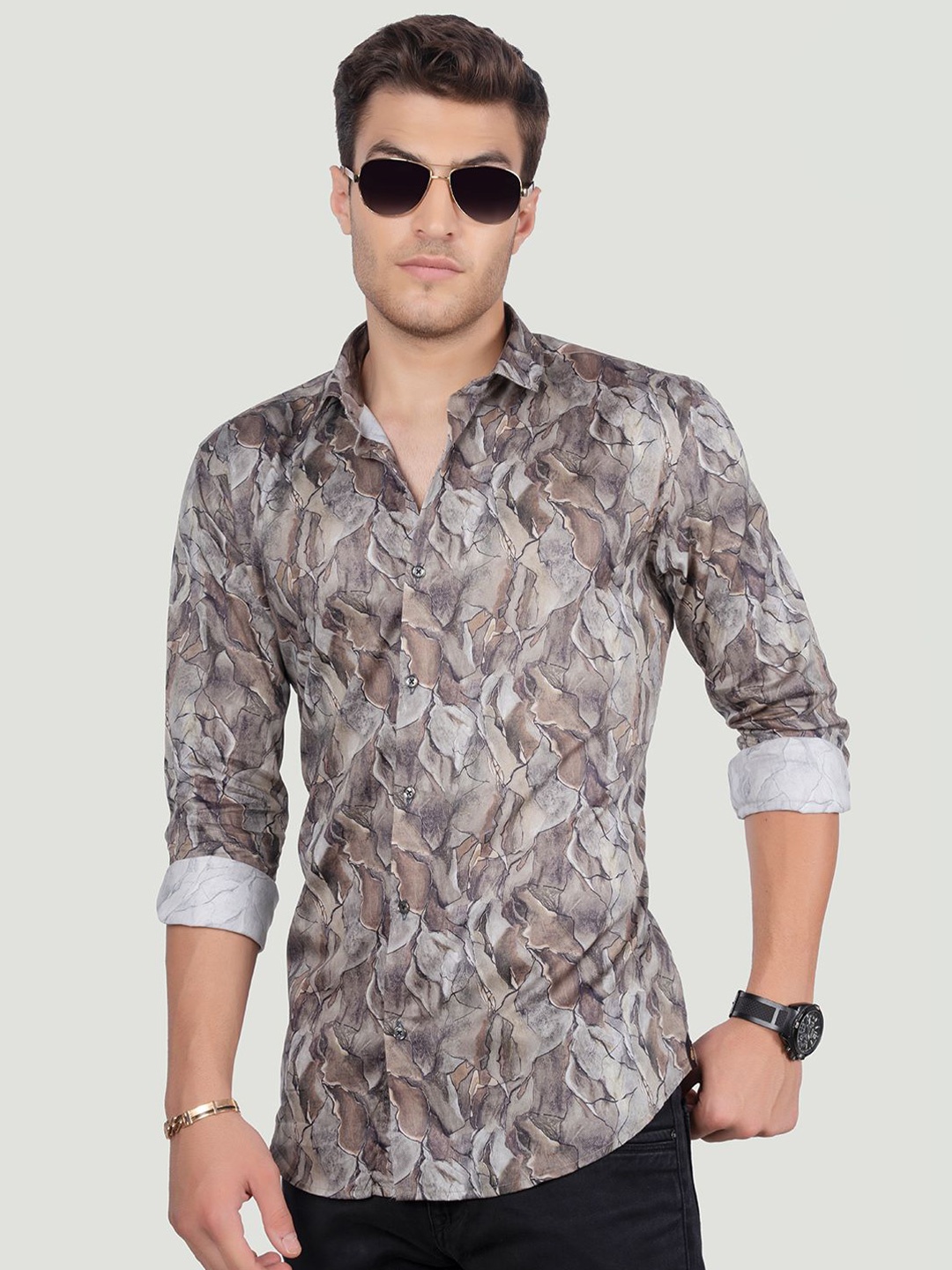 

ALMATY Men Comfort Spread Collar Abstract Printed Cotton Slim Fit Party Shirt, Grey