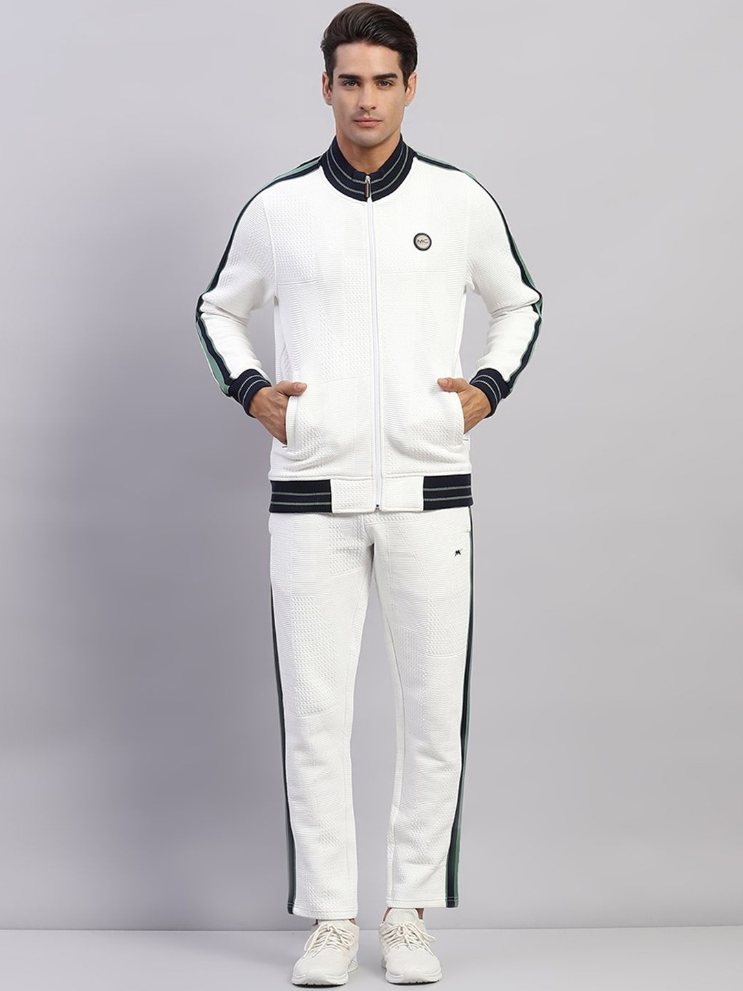 

Monte Carlo Self Design Men Mock Neck Full Sleeve Track Suit, White