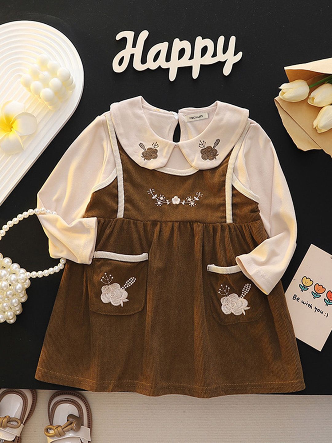 

INCLUD Girls Embroidered Peter Pan Collar Fit & Flare Dress, Brown