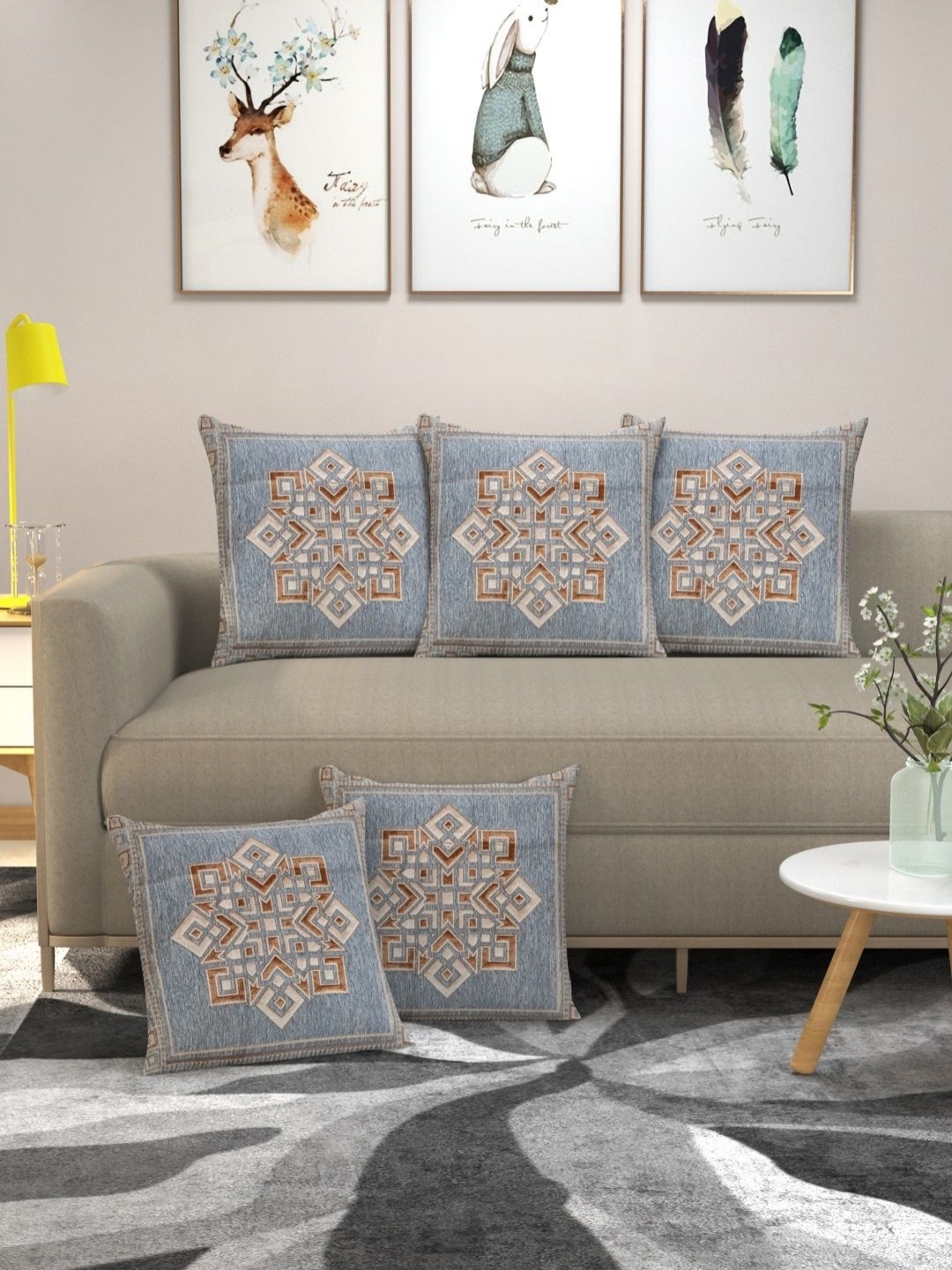 

MULTITEX Blue & Brown 5 Pieces Ethnic Motifs Printed Velvet Square Cushion Covers
