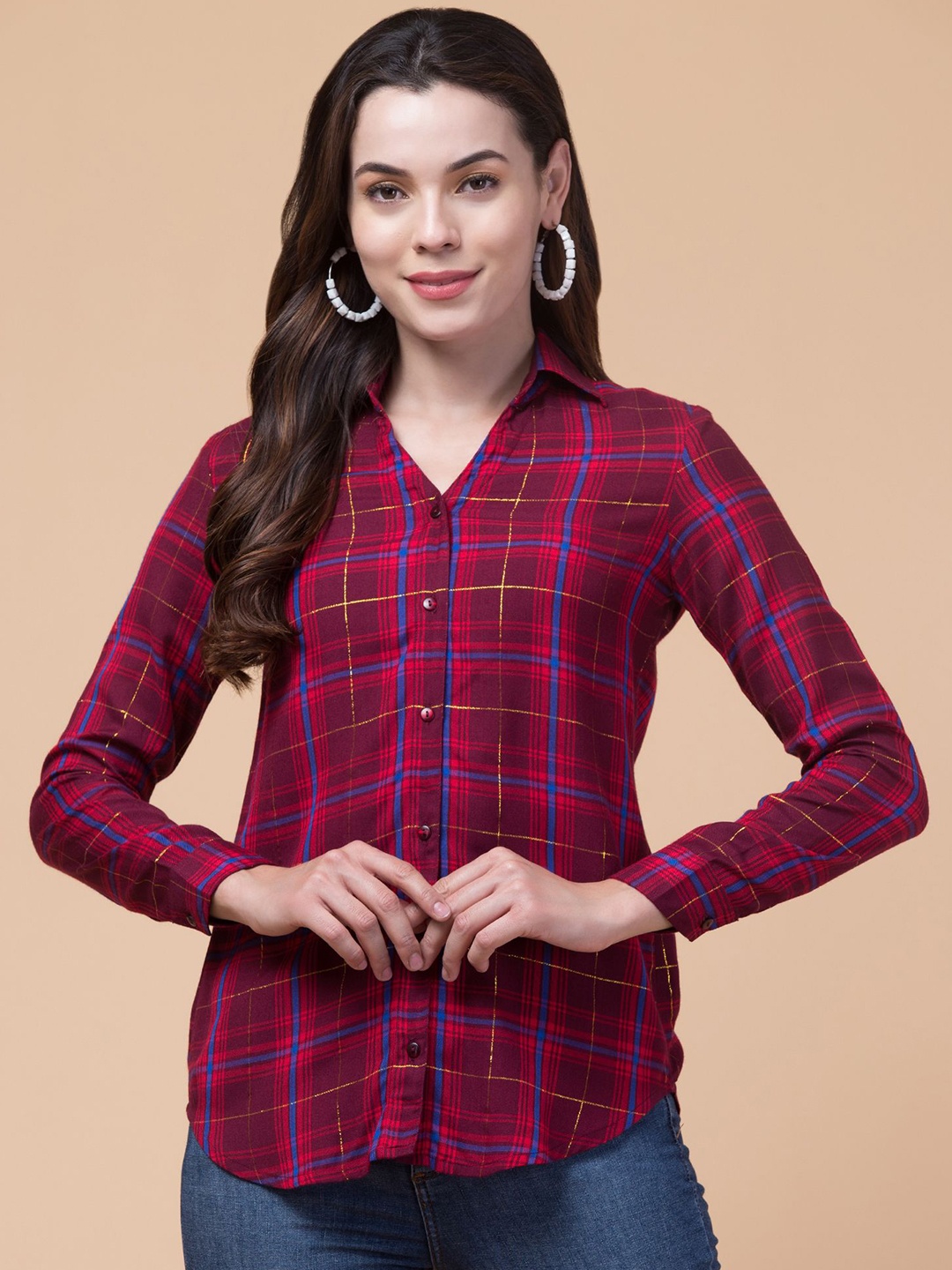 

Hive91 Women Standard Spread Collar Tartan Checked Casual Shirt, Maroon