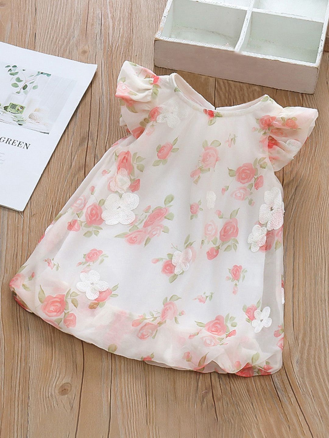 

INCLUD Girls Floral Printed Flutter Sleeve A-Line Dress, White