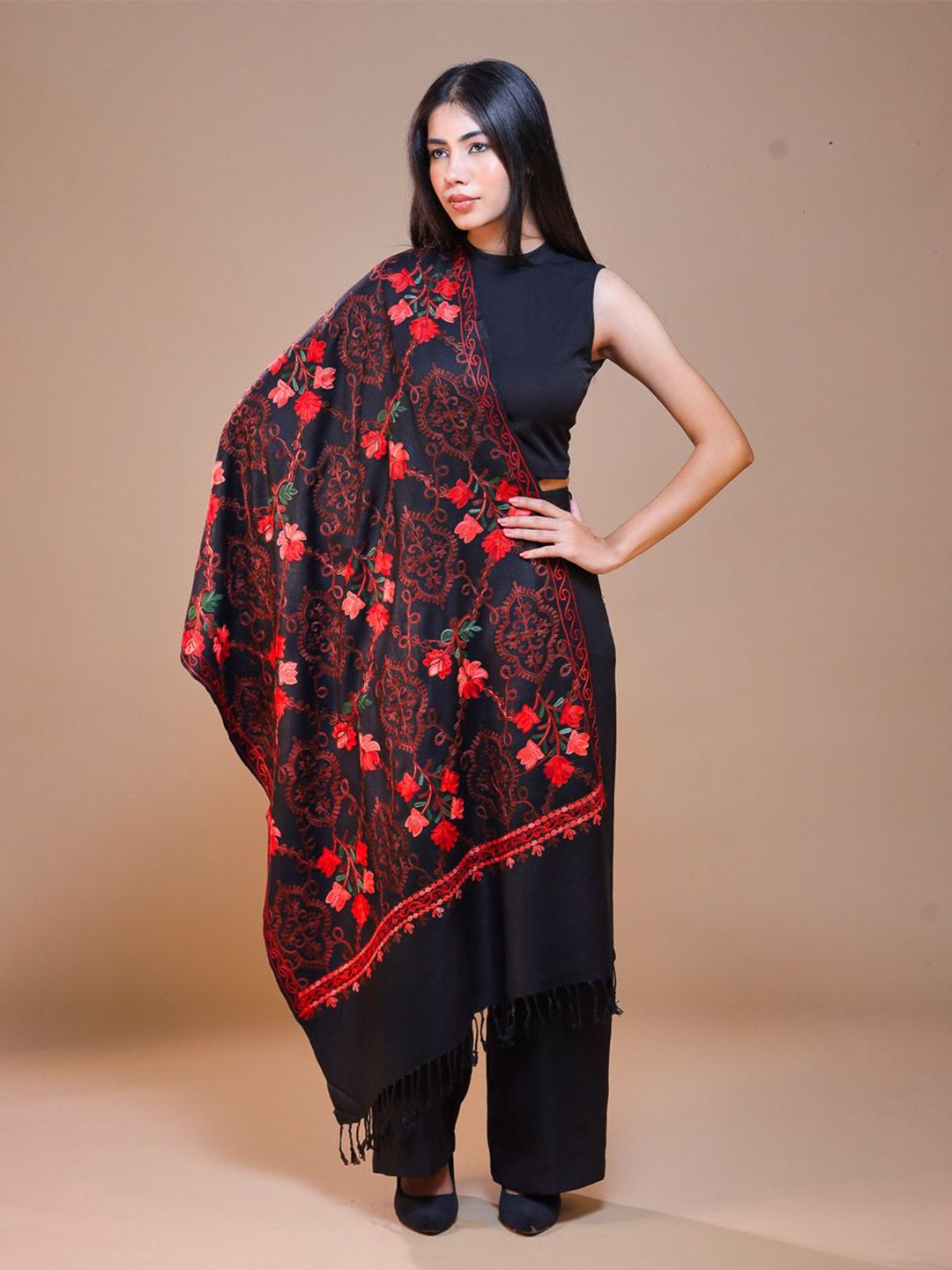 

SWI Stylish Women Floral Embroidered Fringed Stole, Black