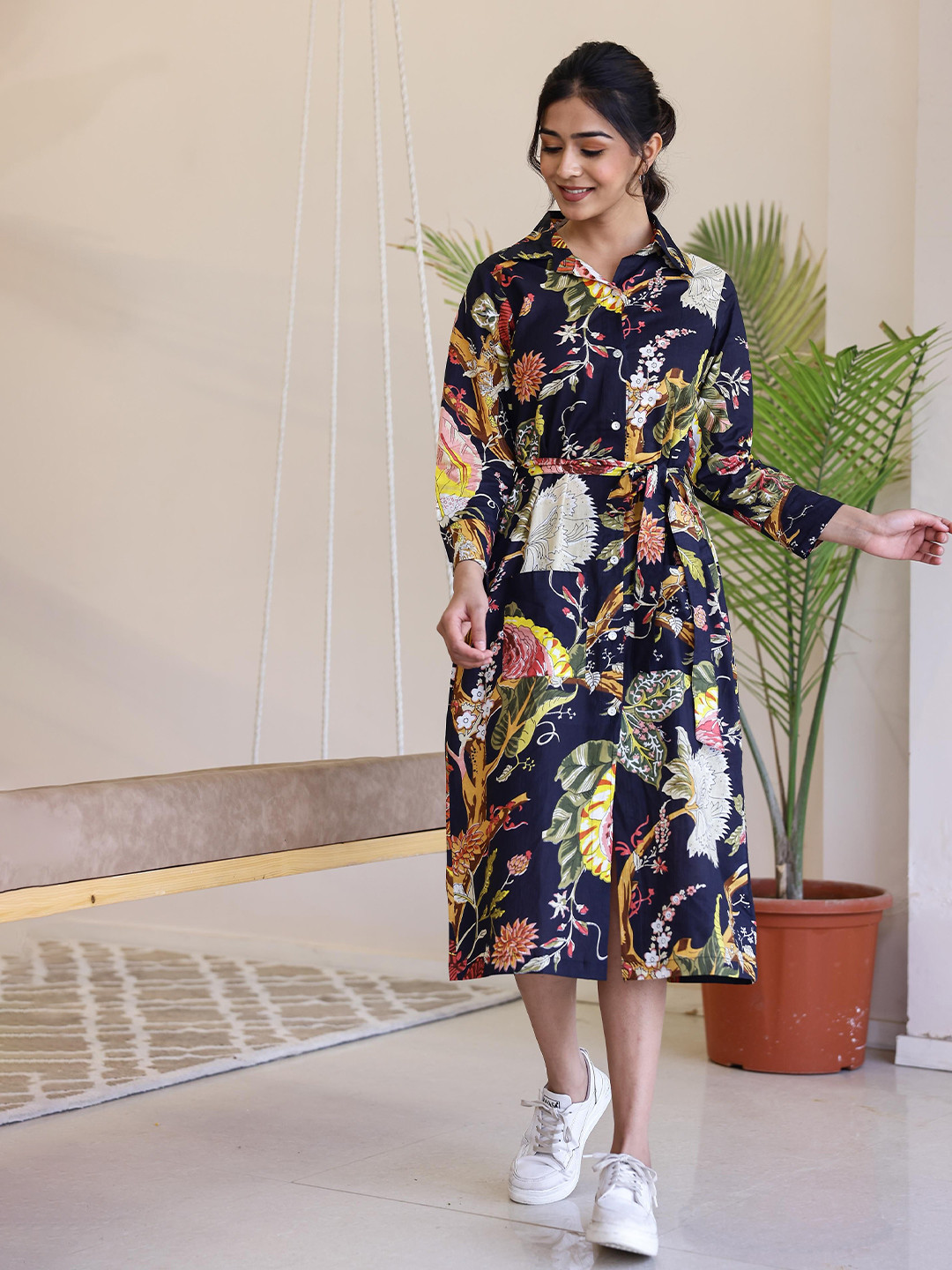 

FLAVIA CREATION Floral Printed A-Line Midi Dress, Navy blue