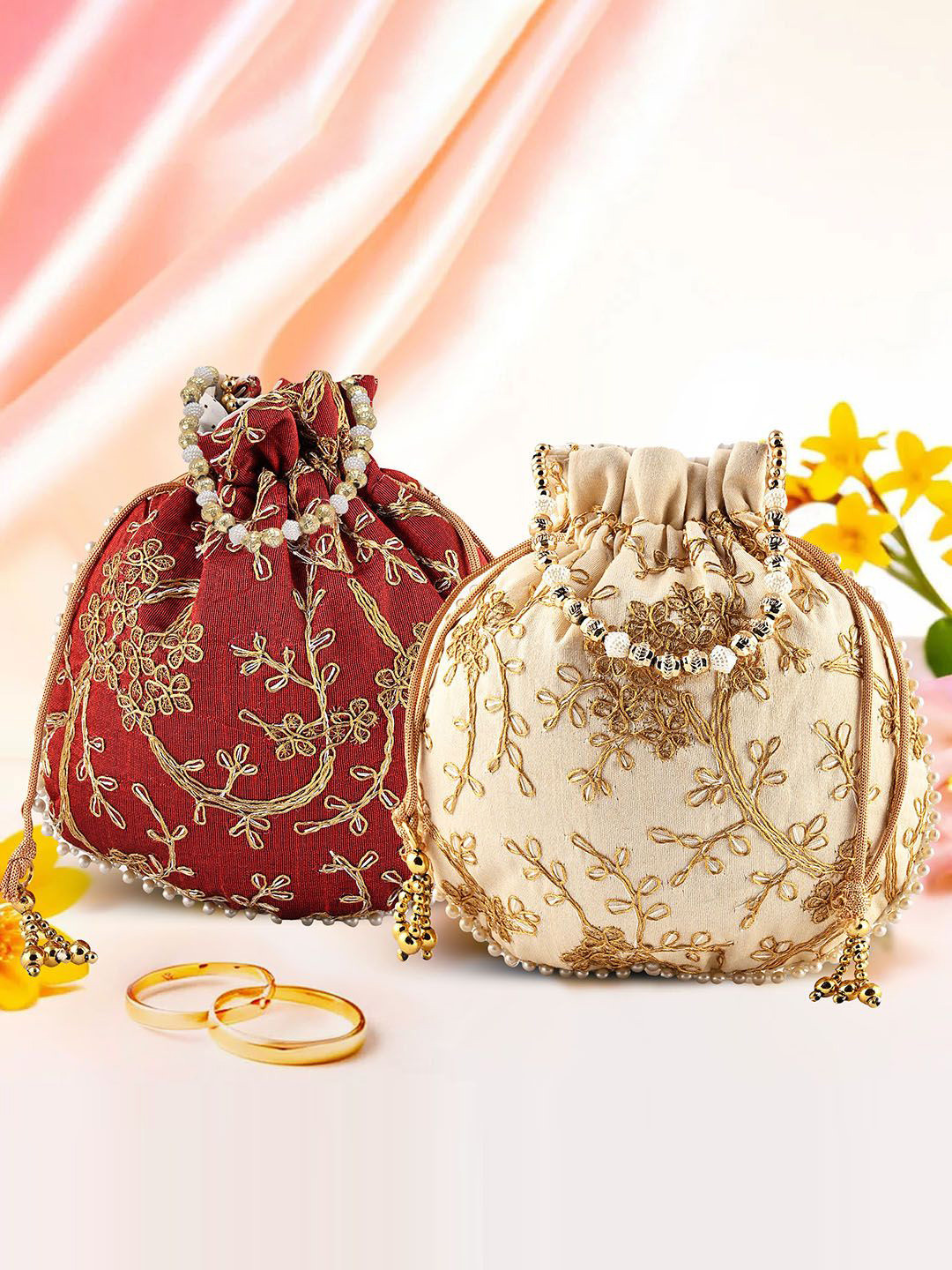 

Kuber Industries Set of 2 Embroidered Potli Bags, Cream