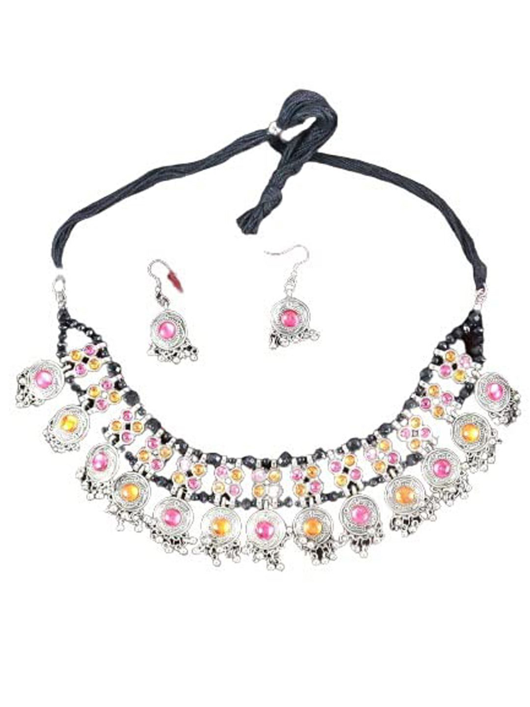 

FIMBUL Silver-Plated Oxidised Stone-Studded & Beaded Jewellery Set