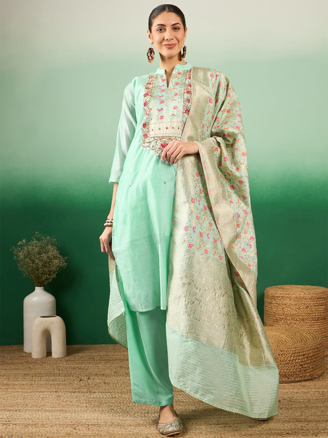 

Maroosh Women Heavy Modal Silk Stitched Top With Bottom & Dupatta Set, Green