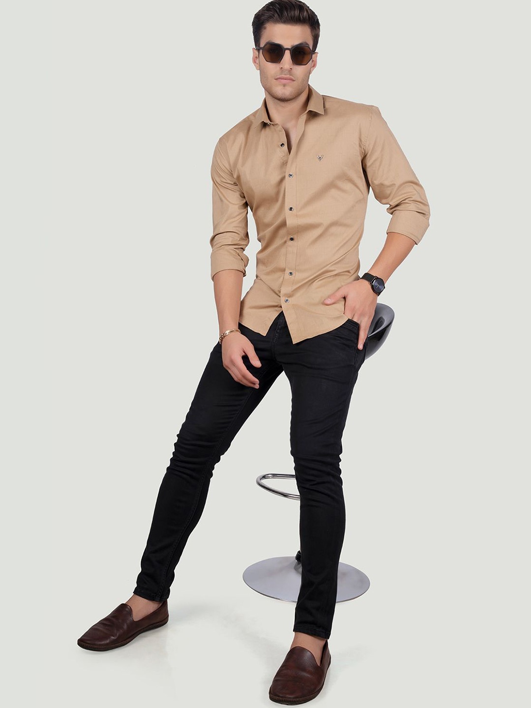 

ALMATY Men Comfort Spread Collar Solid Cotton Slim Fit Party Shirt, Beige