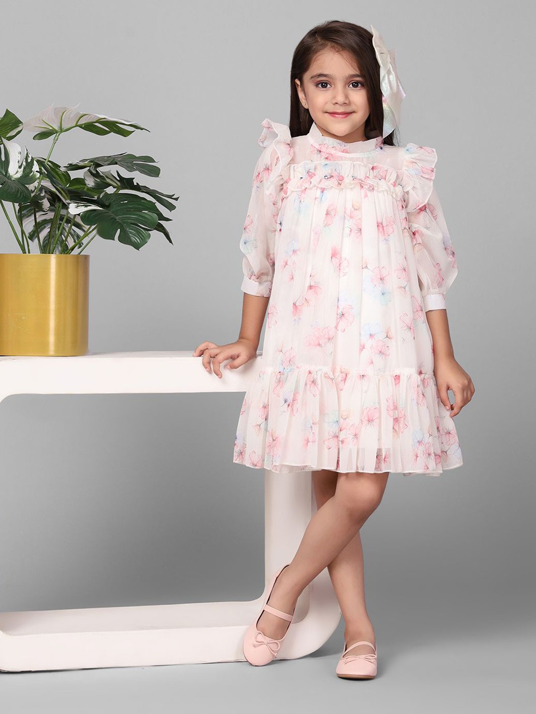 

Macwin Girls Floral Mock Neck Georgette A-Line Dress, Pink