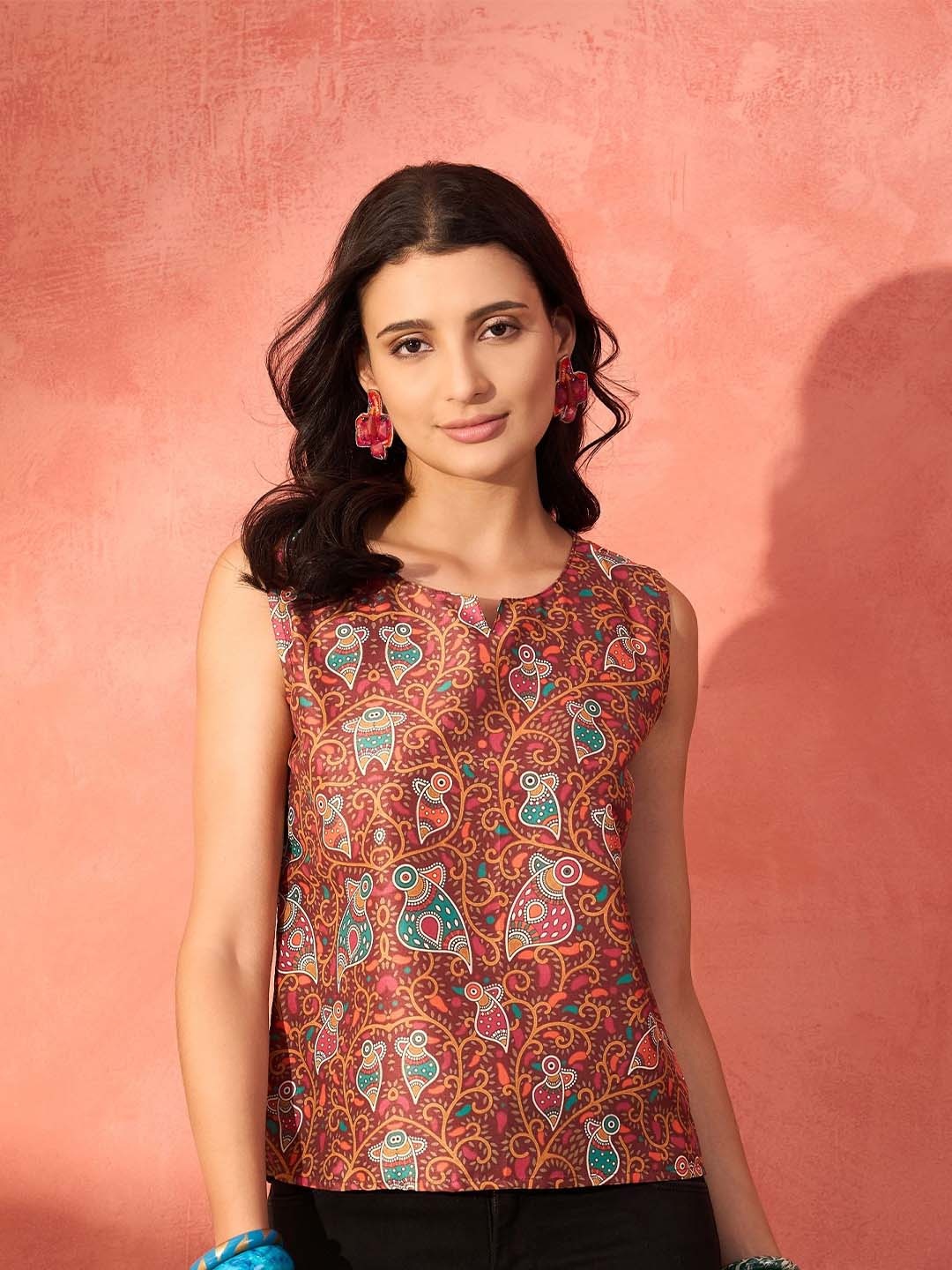 

InWeave Women Floral Printed Round Neck Poly Silk Top, Rust