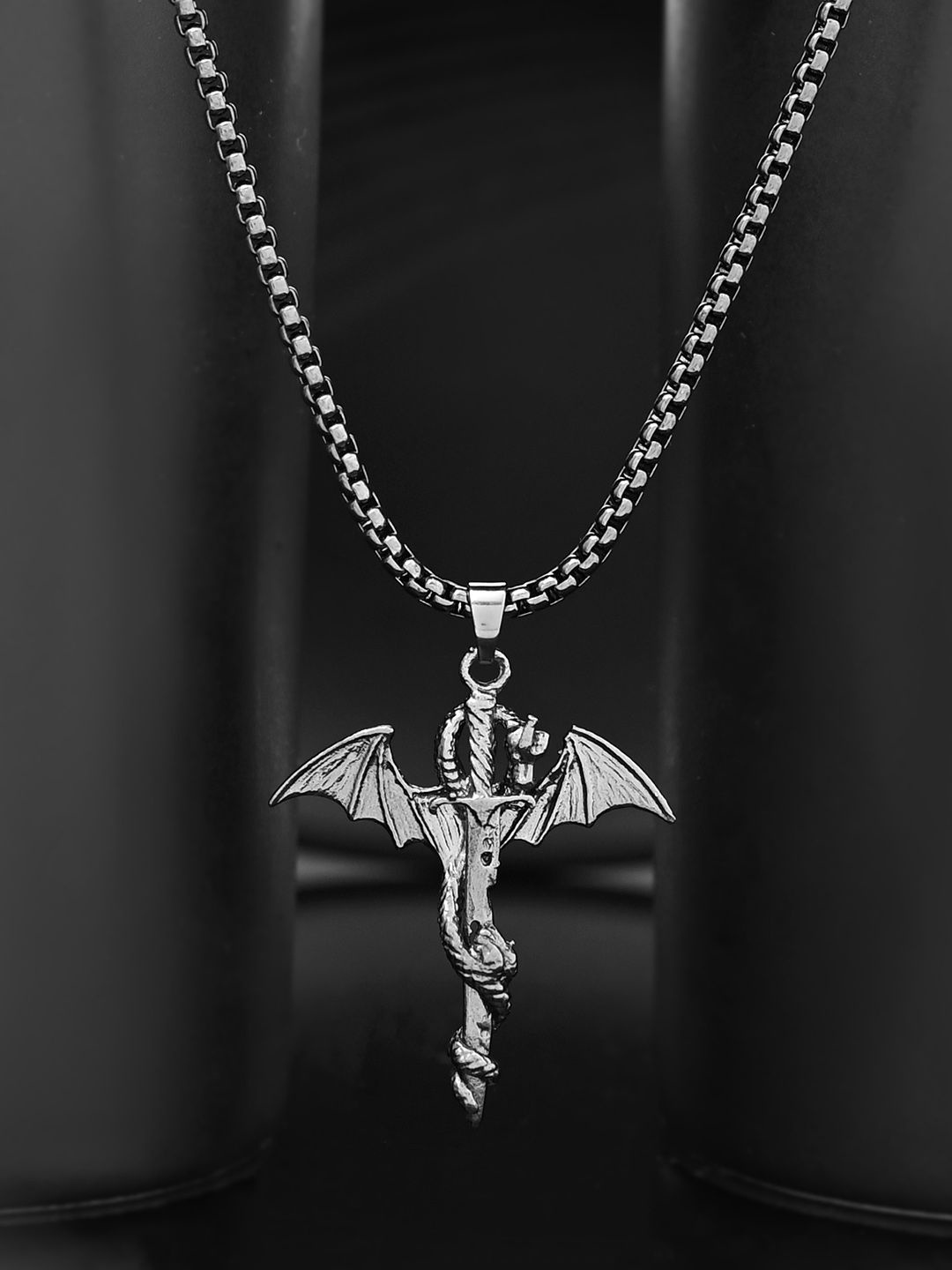 

Voylla Men Rhodium-Plated Eclipse Enigmatic Dragon Pendant With Chain, Silver
