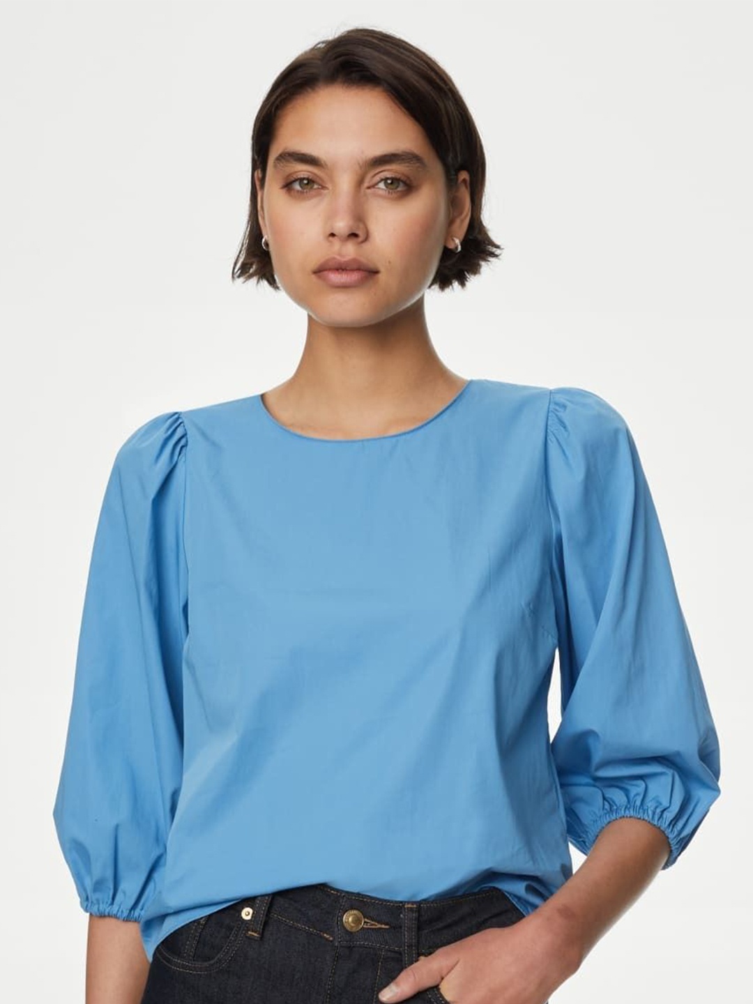 

Marks & Spencer Women Solid Round Neck Cotton Top, Blue