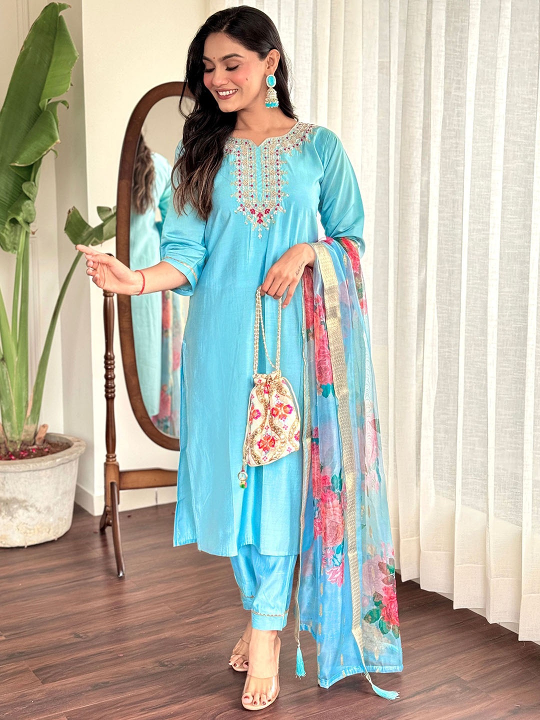 

NIZA FASHION Floral Yoke Design Sequinned Pure Cotton Kurta with Trousers & Dupatta, Blue