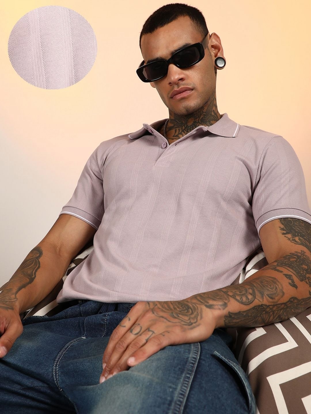

Campus Sutra Men Self Design Polo Collar Cotton T-shirt, Pink