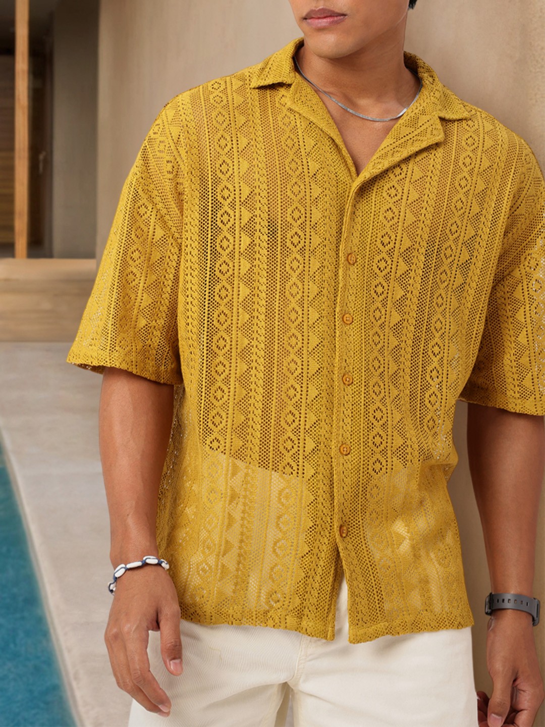 

Kook N Keech Semi Sheer Summer Beachy Party Open Knit Cuban Oversized Shirt, Mustard