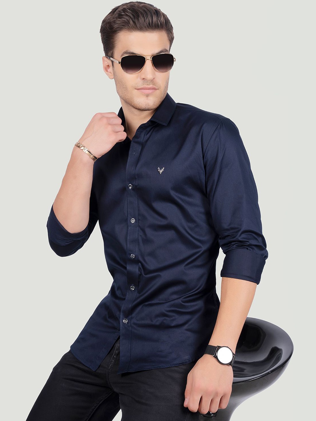 

ALMATY Men Comfort Spread Collar Solid Cotton Slim Fit Party Shirt, Navy blue