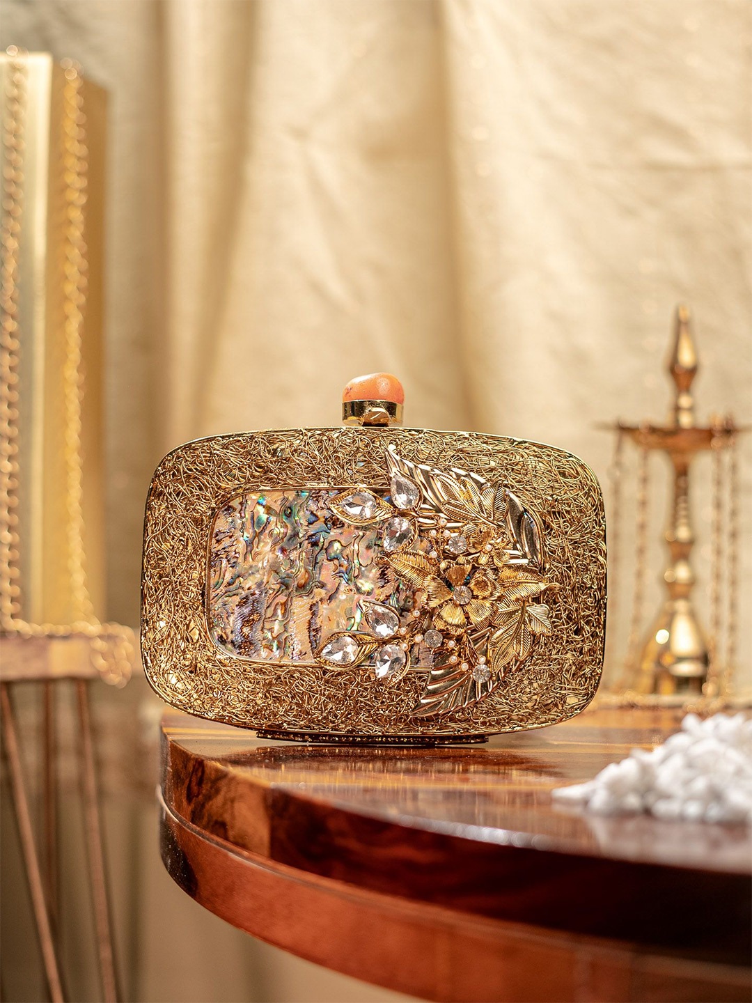 

NR By Nidhi Rathi Embellished Box Clutch, Gold