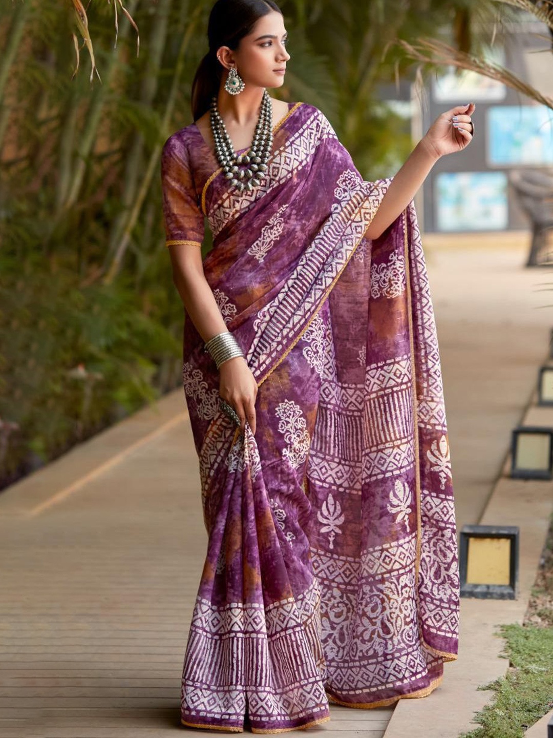 

NK Textiles Ajrak Block Sequinned Block Print Saree, Purple