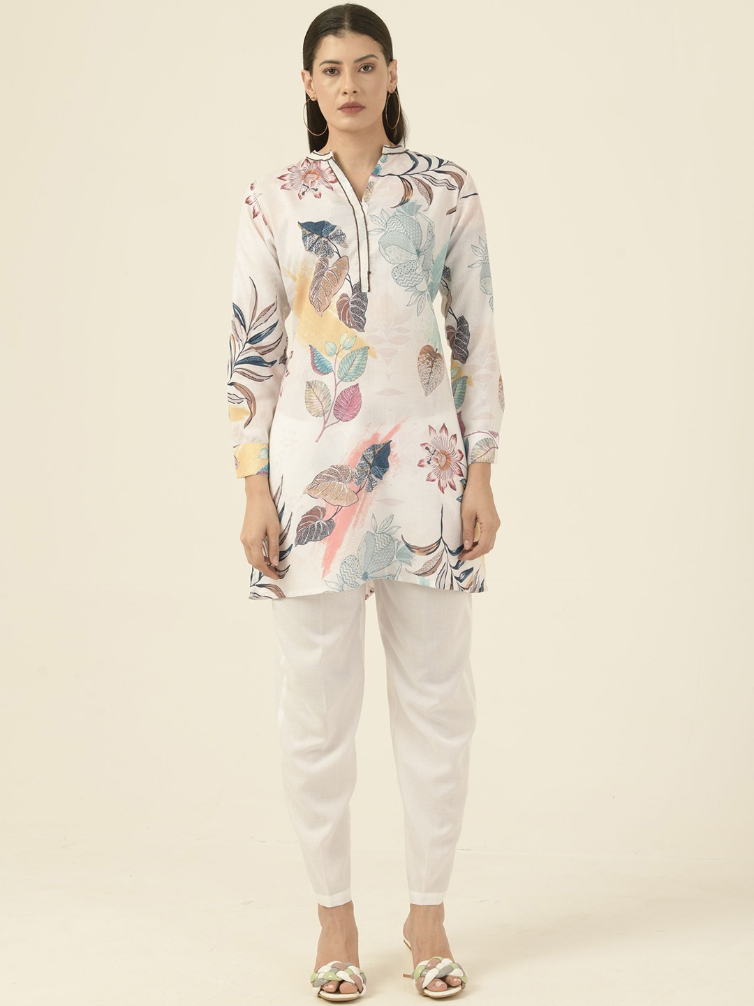 

Albion By CnM Tropical Printed Mandarin Collar Tunic With Trousers, White