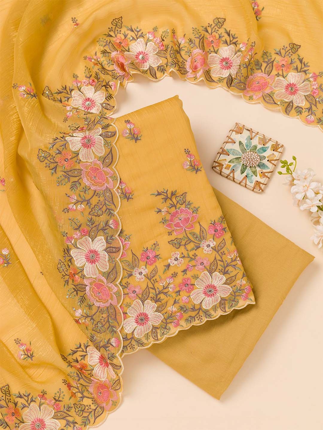 

Koskii Floral Embroidered Sequinned & Thread work Unstitched Dress Material, Yellow