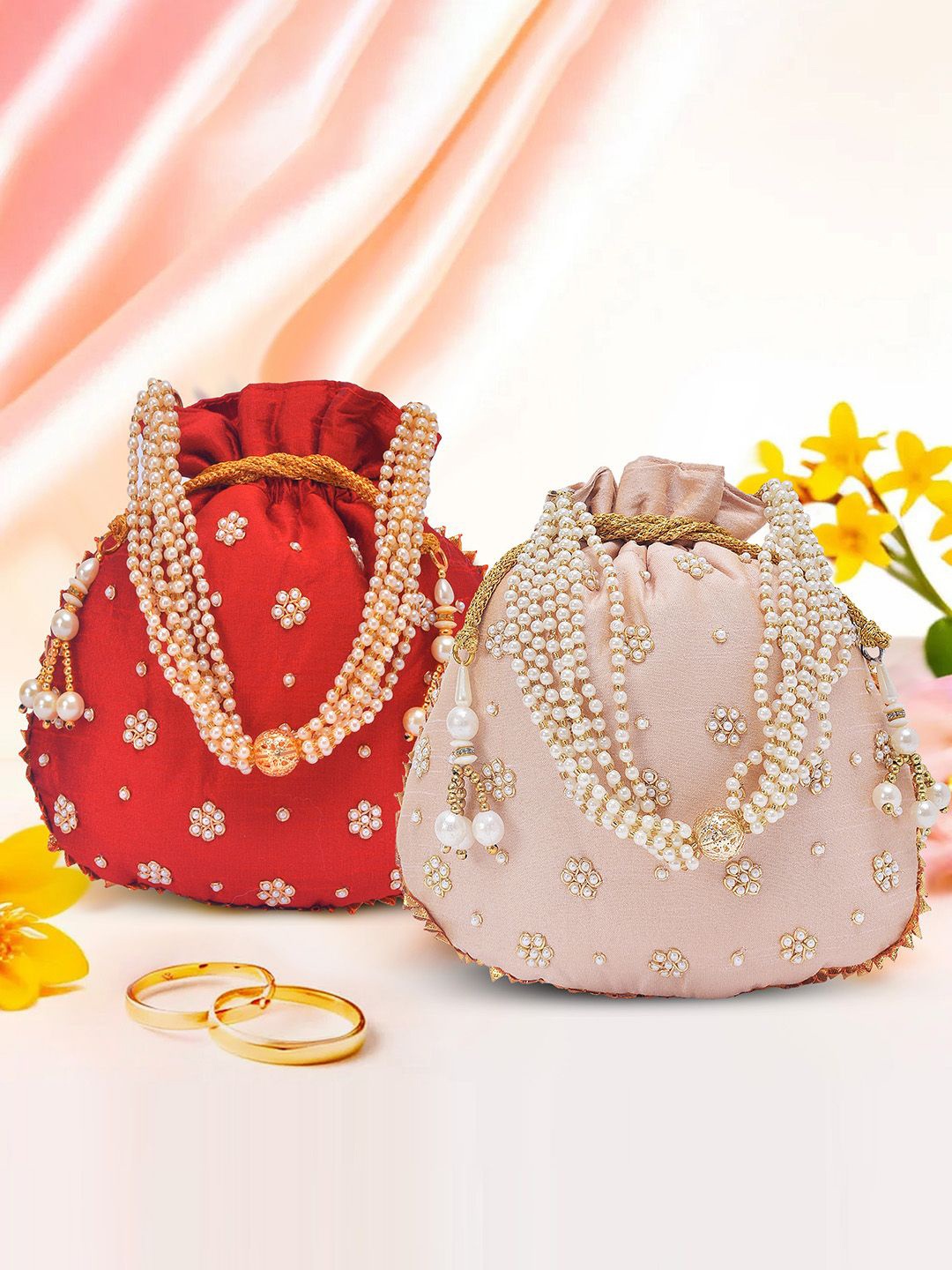 

Kuber Industries Set of 2 Moti Embroidered Potli Bags, Pink