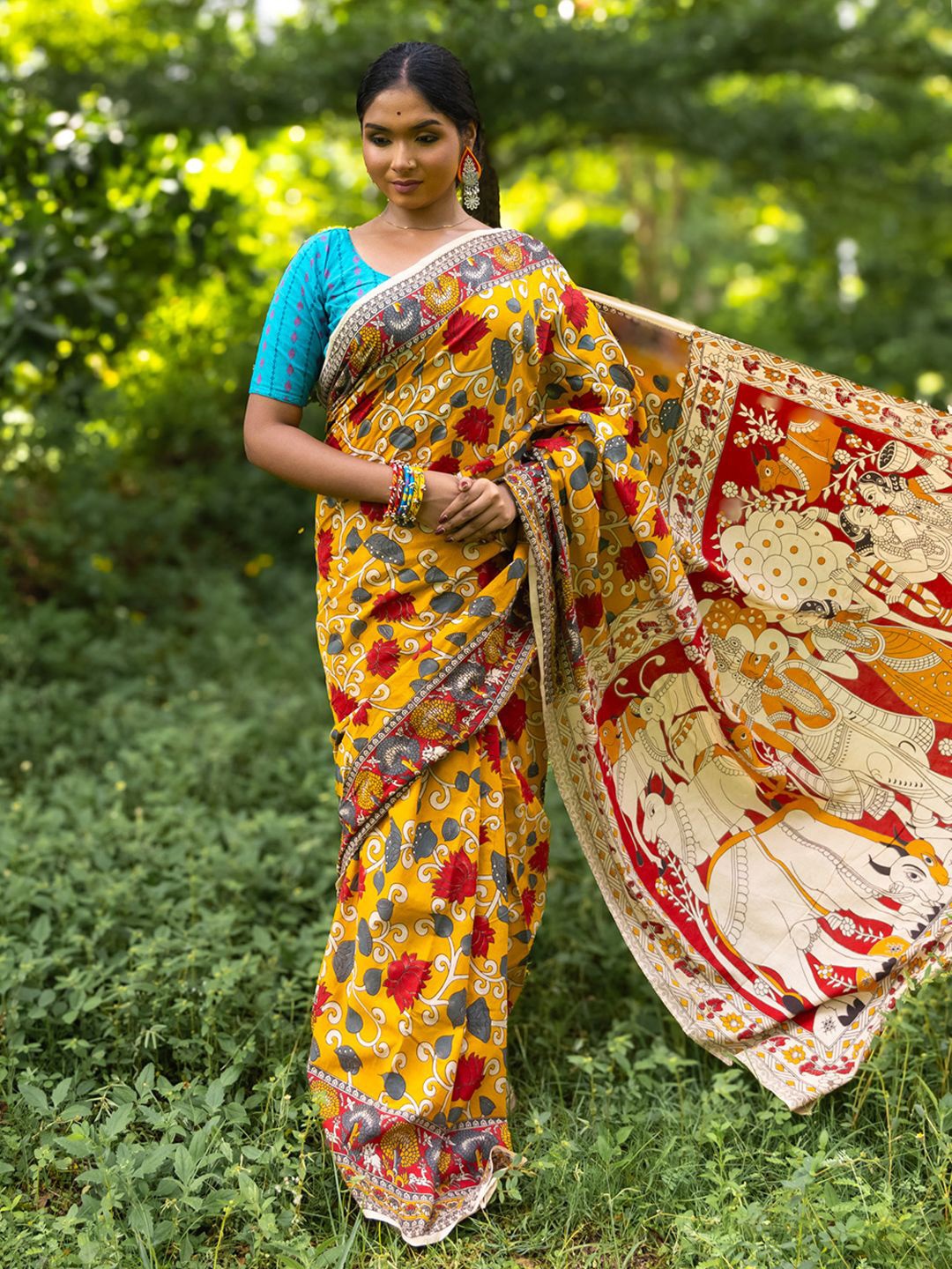 

Uttariya Kalamkari Printed Pure Cotton Saree, Yellow