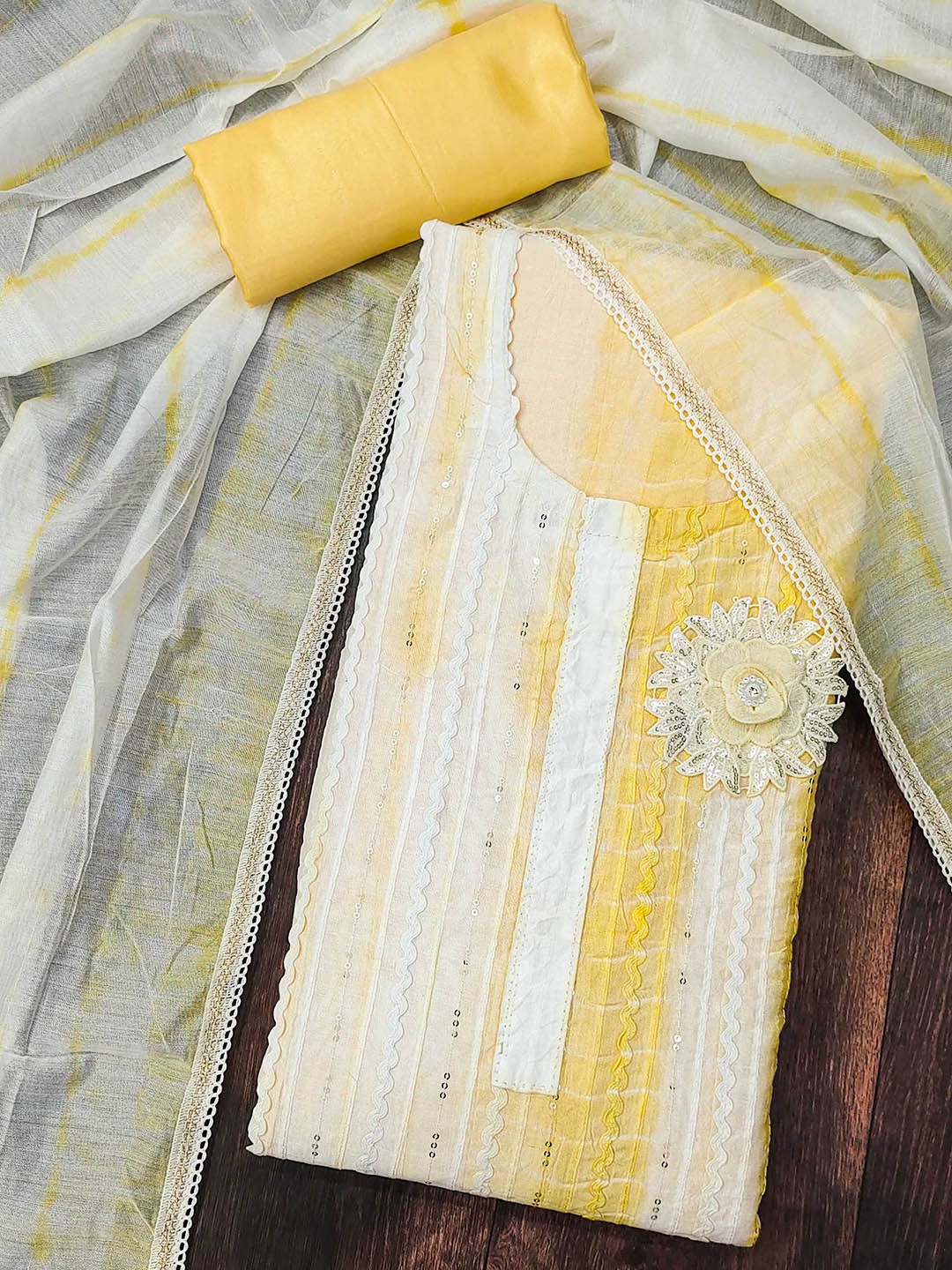 

Ishin Yellow & White Striped Embroidered Sequinned Unstitched Dress Material
