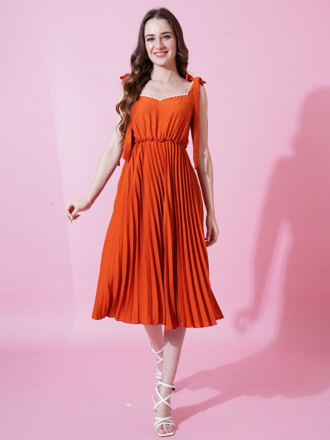 

TextileNow Crepe Pleated Fit & Flare Midi Dress, Orange